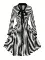 Plus Size Striped Button Front Long Sleeve Dress With Tie Collar