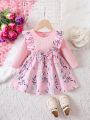 SHEIN Baby Girl Floral Print Ruffle Trim Bow Front 2 In 1 Dress