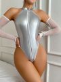 Mesh Splicing & Metallic Sheen Front Zipper Design Sexy Bodysuit
