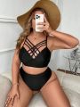 SHEIN Swim Chicsea Plus Size Solid Color Cross Detail Swimwear Top