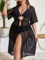 SHEIN Swim Basics Plus Size Fur Ball Trim Drawstring Waist Kimono Dress