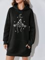 Moon & Hand Graphic Kangaroo Pocket Drop Shoulder Drawstring Hoodie Dress