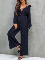 SHEIN LUNE Solid Button Front Shirt & Wide Leg Pants