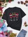 SHEIN LUNE Women's Round Neck Christmas Printed Short Sleeve T-shirt