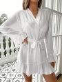 Flounce Sleeve Ruffle Hem Belted Lounge Robe