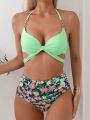 SHEIN Swim Mod Flower Patterned Halterneck Swimsuit With Circular Ring - Bikini Set