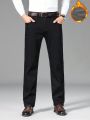 Men Solid Thermal Lined Straight Leg Jeans Without Belt