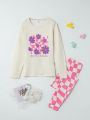 SHEIN Kids Nujoom Tween Girl Floral and Letter Graphic Tee & Checker Print Pants PJ Set