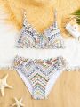 Printed Swimsuit Set With Lace Trim For Tween Girls