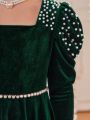 SHEIN Tween Girl Square Neck Gigot Sleeve Pearls Beaded Velvet Dress