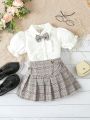 Baby Girls' Preppy Style Brown Plaid Shirt And Skirt Set For Spring And Summer