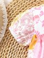 1pc Baby Girl Cute Patchwork Print Casual Jumpsuit Shorts For Summer