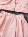 SHEIN Kids Nujoom Young Girl's Top And Skirt Set, Decorated With Rhinestone And Bow