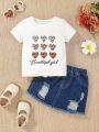 Cute And Comfy Baby Girls' Leopard Printed Heart Patterned Top And Ripped Shorts For Casual Wear