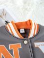 Tween Girls' Grey Bear & Letter Print Baseball Jacket And Orange Sweatpants 2pcs/set