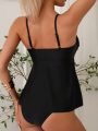 SHEIN Swim Classy 2pcs/Set Women's Cross Detail Slit Cami Top And Triangle Panties Bikini Swimming Suit