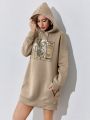 Floral & Slogan Graphic Kangaroo Pocket Drop Shoulder Drawstring Thermal Hoodie Dress