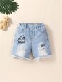 Toddler Boys' Vintage Street Style Washed Ripped Cute Bear Printed Frayed Hem Denim Shorts In Light Blue