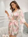 Floral Printed Satin Bathrobe