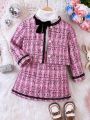 SHEIN Kids CHARMNG Young Girl Plaid Print Contrast Trim Jacket & Skirt & Bow Tie