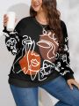 SHEIN LUNE Plus Size Abstract Face Printed Round Neck Sweatshirt