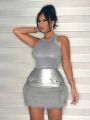 SHEIN SXY Sexy Silver Metallic Pu Leather And Patchwork Skirt For Club Party