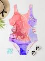 Marble Printed Hollow Out Girls' One Piece Swimsuit