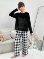 Teen Girls' Knitted Solid Color Flannel T-shirt And Plaid Pants Lounge Set