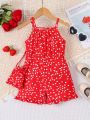 SHEIN Kids QTFun New Style Girls' Heart Pattern Printed Spaghetti Straps Elastic Waist Jumpsuit Shorts