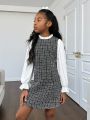 SHEIN Kids Cooltwn Tween Girl Plaid Pattern Flounce Sleeve Frill Trim 2 In 1 Tweed Dress