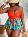 SHEIN Swim Classy Plus Size Colorblock Front Tie Bikini Set With Sleeveless Top