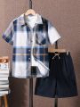 Teen Boy Plaid Short Sleeve Shirt And Cargo Shorts Casual 2-Piece Outfit