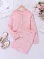 SHEIN Kids FANZEY Tween Girl Ditsy Floral Pattern Button Front Cardigan & Knit Skirt