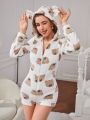 Bear Print 3D Ear Design Hooded Flannel Sleep Romper