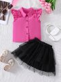 SHEIN Kids CHARMNG Young Girls' Romantic Flare Sleeve Turn-Down Collar Shirt With Mesh Layered Skirt Set