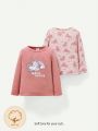 Cozy Cub 2pcs Baby Girls' Cartoon Animal Pattern Round Neck Shirt With Regular Shoulder