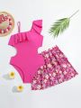 Teen Girls' One-Piece Swimsuit With Flower Print Cover-Up Skirt