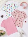 SHEIN Kids EVRYDAY Young Girl's Heart, Strawberry, Flower And Letter Printed T-Shirt