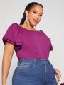 SHEIN CURVE+ Plus Size Women's Solid Color Ruffled Short Sleeve T-Shirt