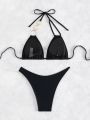 SHEIN Swim SXY Women'S Solid Color V-Neck Halter Ring Bikini Swimsuit Set