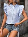 Women'S Vertical Stripe Short Flutter Sleeve Blouse