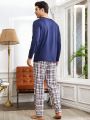 Men'S Letter Printed Long Sleeve T-Shirt And Plaid Pants Homewear