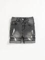 SHEIN Boys' Casual Casual Denim Shorts With Slight Elasticity And Irregular Holes