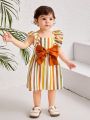 SHEIN Baby Girls' Casual Striped Pattern Dress With Bowknot & Ruffle Hem Design