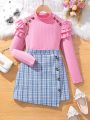 Girls' Solid Color Stand Collar Blouse With Ruffle Trim And Plaid A-Line Skirt Two Piece Set