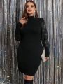 SHEIN Clasi Plus Size Women's Stand Collar Sparkly Long Sleeve Sweater Dress With Patchwork