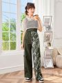 SHEIN Female Teenagers Mesh Blouse Ribbed Vest With Pockets Camouflage Color-blocked Trousers Three-piece Set