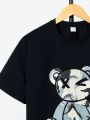 SHEIN Teen Boys' Casual Streetwear Teddy Bear Print T-Shirt And Camouflage Cargo Pants 2pcs/Set