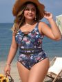 SHEIN Swim Classy Plus Size Women's Floral Printed Elegant One-piece Swimsuit