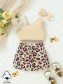 Elegant, Cute And Fashionable Leopard Print Skirt And Asymmetrical Sloping Top Set For Baby Girl